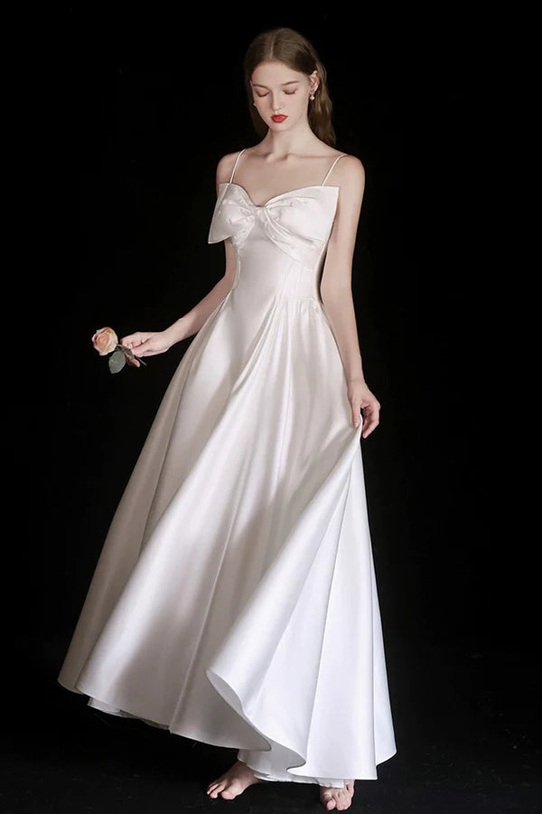 Wholesale Cute Satin Tea Length Prom Dress White Spaghetti Strap A-Line Evening Party Dress